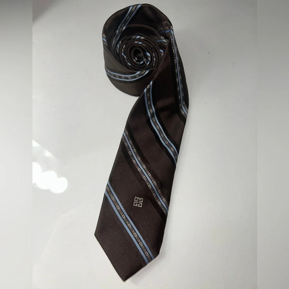 Givenchy Brown and Blue Striped Neck Tie - Picture 2 of 8